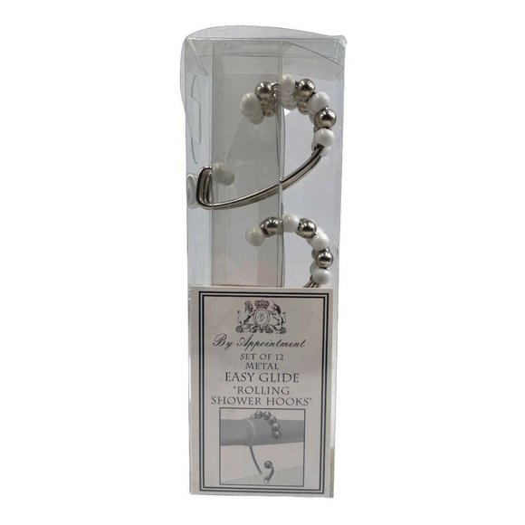 By Appointment Set of 12 Easy Glide Rolling Shower Hooks Silver & White Beads - Picture 2 of 7